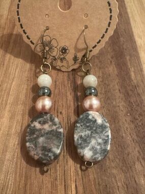 Natural Stone and Pearl Beaded Drop Earrings - Zebra Jasper & Quartz